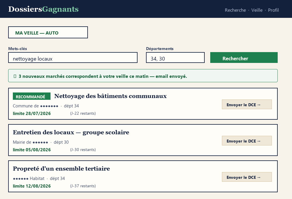 Aperçu anonymisé de l'espace de veille DossiersGagnants : une recherche par mots-clés (nettoyage locaux) et départements, un bandeau indiquant que 3 nouveaux marchés correspondent à la veille avec un email envoyé, et des cartes de résultats affichant l'objet du marché, l'acheteur, la date limite avec les jours restants, dont un marché marqué recommandé.